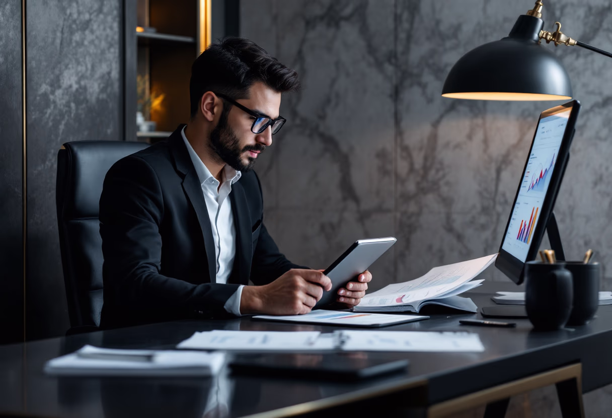 image of business professional reviewing analytics (for a hr tech)